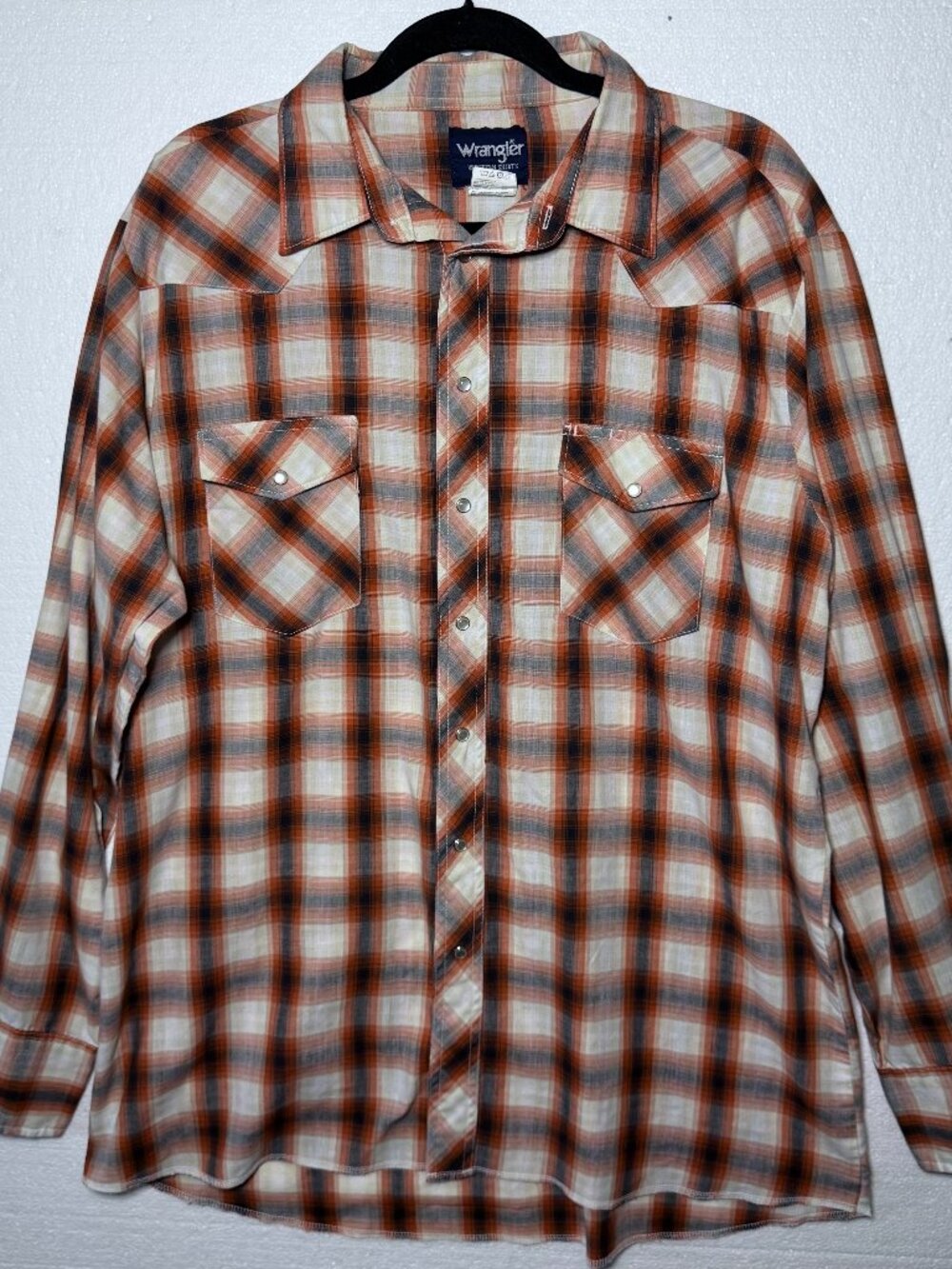 Wrangler Mens Size XL T Orange Plaid Pearl Snap Long Sleeve Shirt Western Rodeo